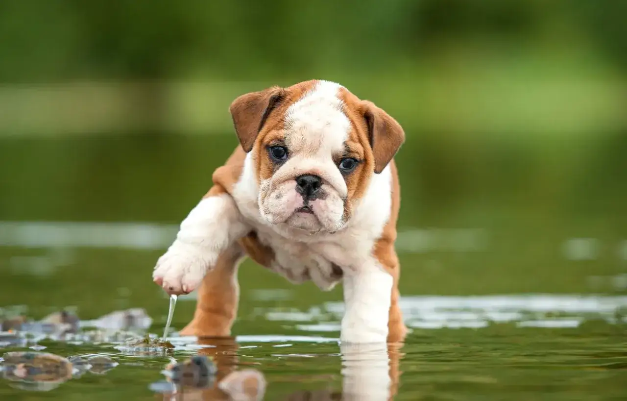 Un adorable bulldog ingl&eacute;s cachorro, con su pata levantada, gotea agua mientras explora un estanque.