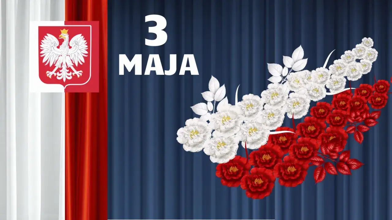 Biało-czerwone kwiaty i godło Polski na tle niebieskiej kotary. Idealne dekoracje na 3 maja do druku.