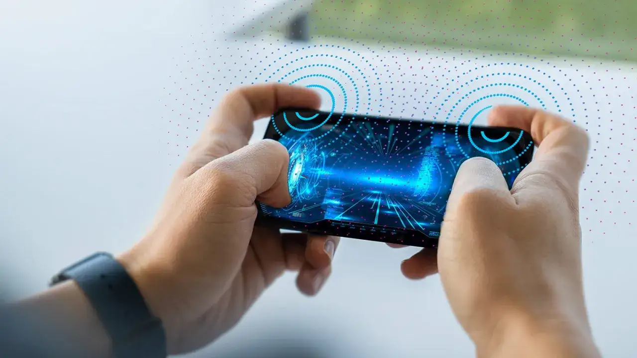 Dłonie trzymają smartfon z futurystycznym interfejsem, emitującym **sygnały haptyczne**.