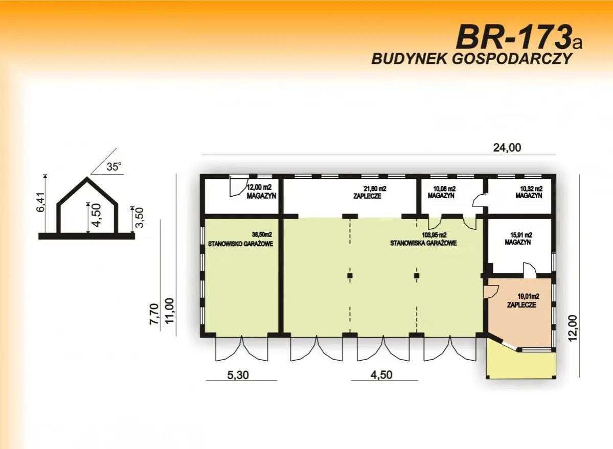 Projekt budynek gospodarczy BR-173a. Rzut parteru z wymiarami, powierzchniami pomieszczeń (garaż, magazyn, zaplecze). Szacunkowy koszt budowy warsztatu 100m2.