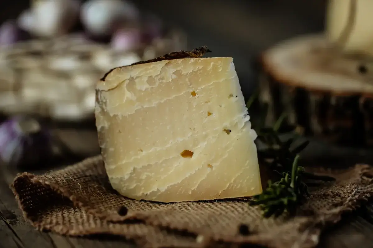 Un pezzo di formaggio fresco a pasta filata, ideale per le future mamme, su tela grezza con aglio e rosmarino.