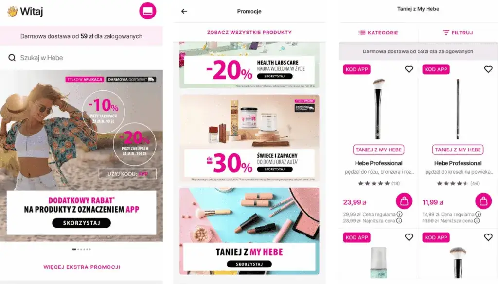 Hebe strona główna promocje, Hebe aplikacja mobilna promocje