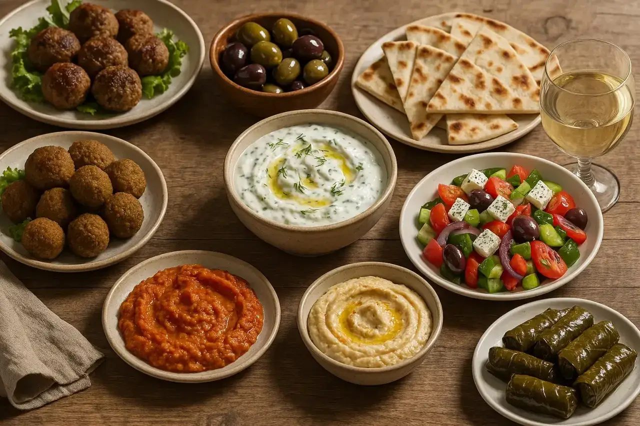 Grecka uczta: kotleciki, oliwki, sałatka, hummus, sos czosnkowy, gołąbki w liściach winogron i chlebki pita. Idealne do piwa w stylu **mythos piwo**.