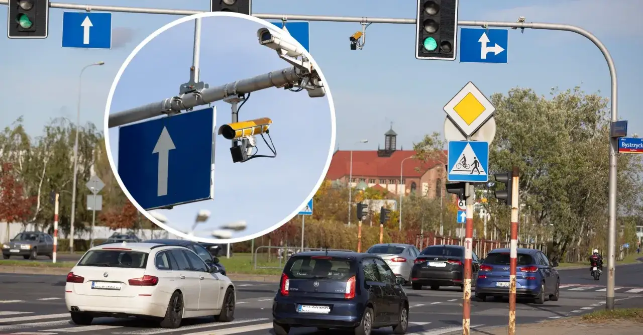 Kamery rejestrujące przejazd na czerwonym świetle czuwają nad ruchem. Zbliżenie pokazuje, jak działają te urządzenia, monitorując skrzyżowanie.