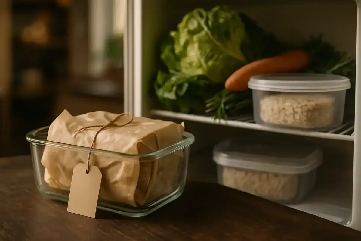 Tempeh einfrieren: Ein Glasbeh&auml;lter mit in Packpapier eingewickeltem Tempeh steht auf einem Holztisch. Im K&uuml;hlschrank liegen Salat, Karotte und zwei Beh&auml;lter mit Getreide.