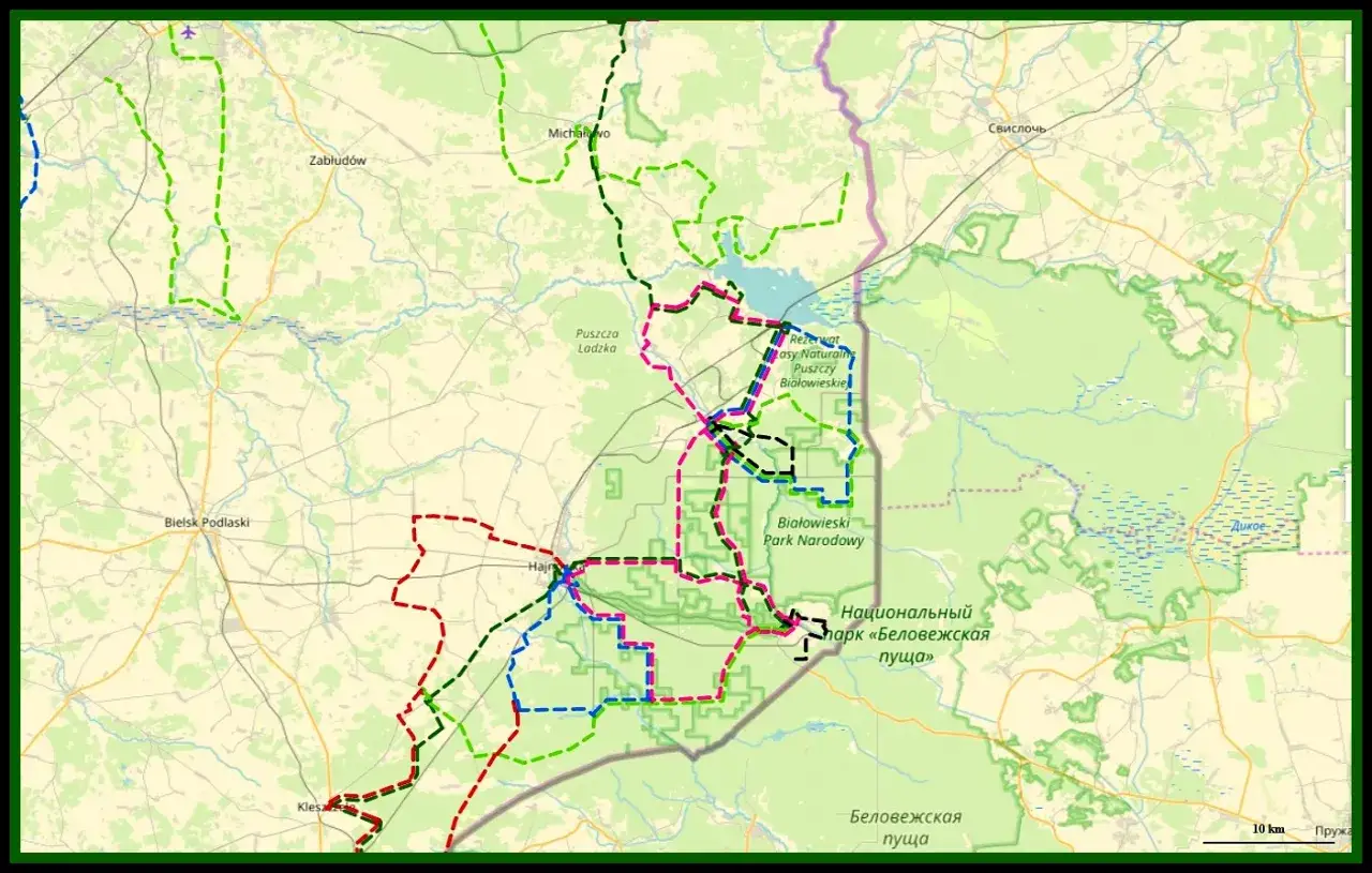 Mapa Puszczy Białowieskiej z zaznaczonymi szlakami turystycznymi. Widać drogi, rzeki i jeziora.