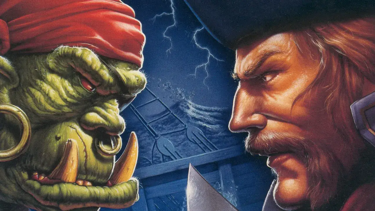 Starcie orka z Warcraft: Orcs & Humans i człowieka z wąsami na tle burzowego morza.