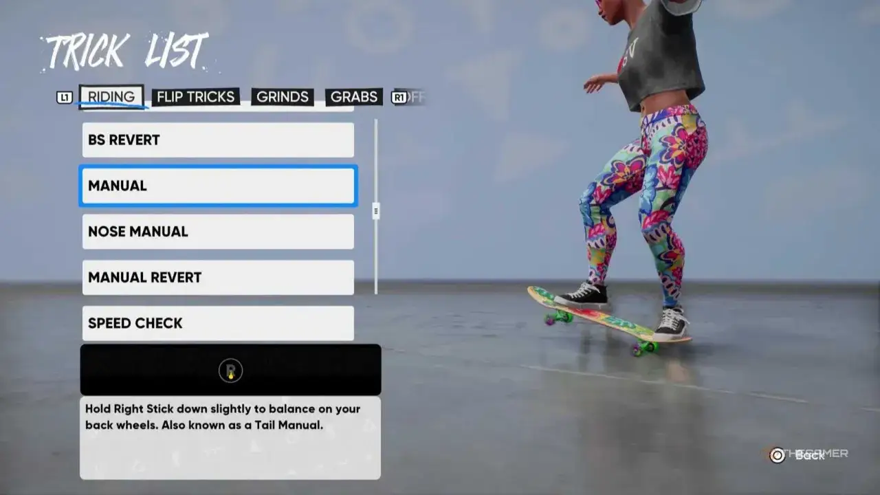 Menu z trikami w grze Tony Hawk's Pro Skater 2. Wybrany jest 