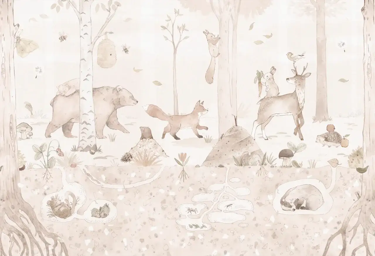 Urocza tapeta zoo z leśnymi zwierzętami: niedźwiedź z dzieckiem, lis, wiewiórka, jeleń z królikiem, jeż, borsuk w norce i pszczoły.