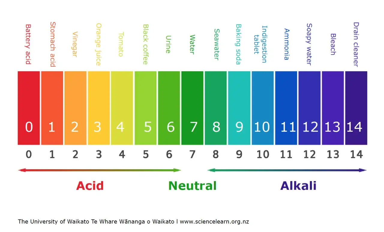 Farbskala zur Bestimmung des pH-Werts von 0 (stark sauer) bis 14 (stark alkalisch). Hilft, den pH wert berechnen.