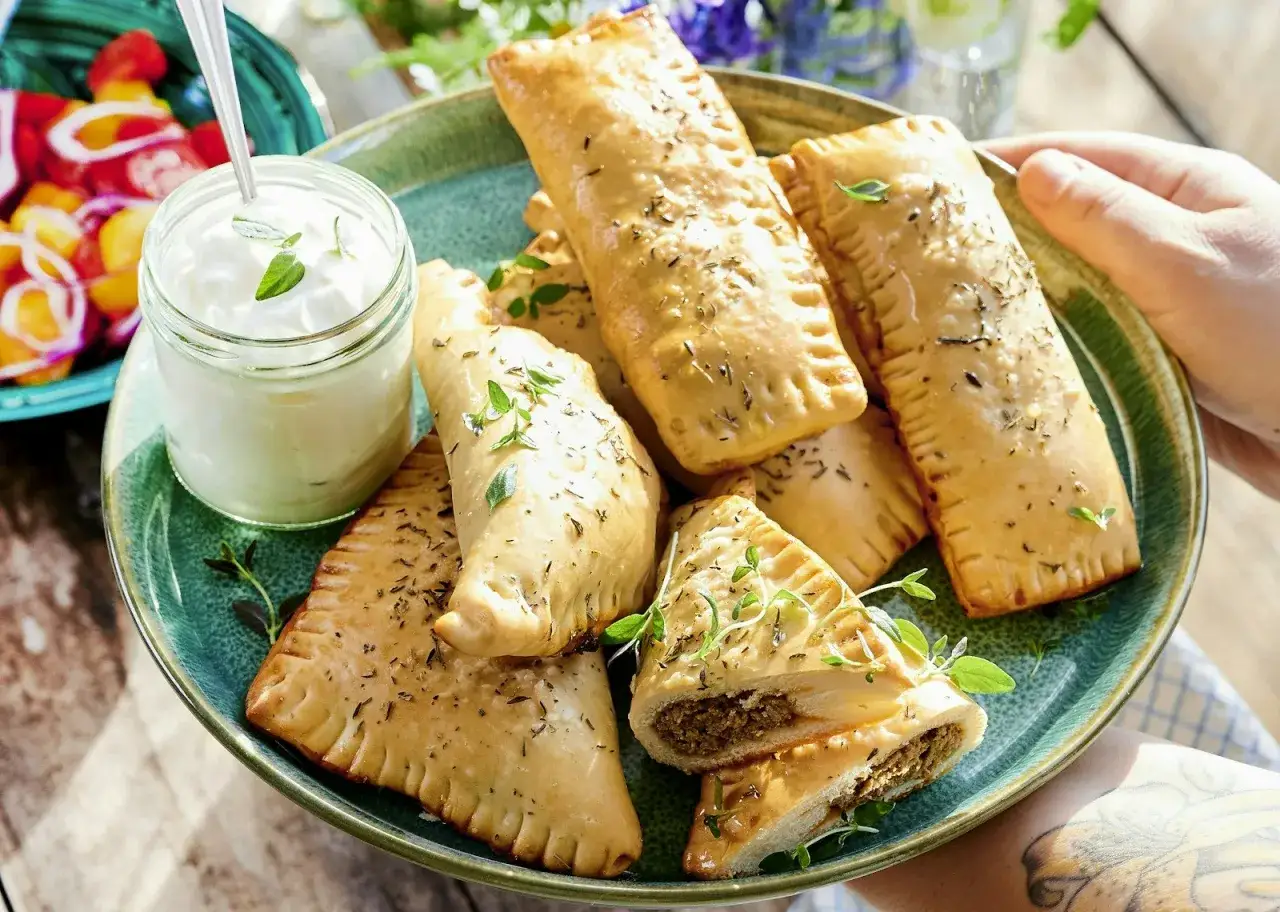 Gyllene piroger med k&ouml;ttfyllning, perfekta som mellis tips. Serveras med en kr&auml;mig dipp och f&auml;rska &ouml;rter.