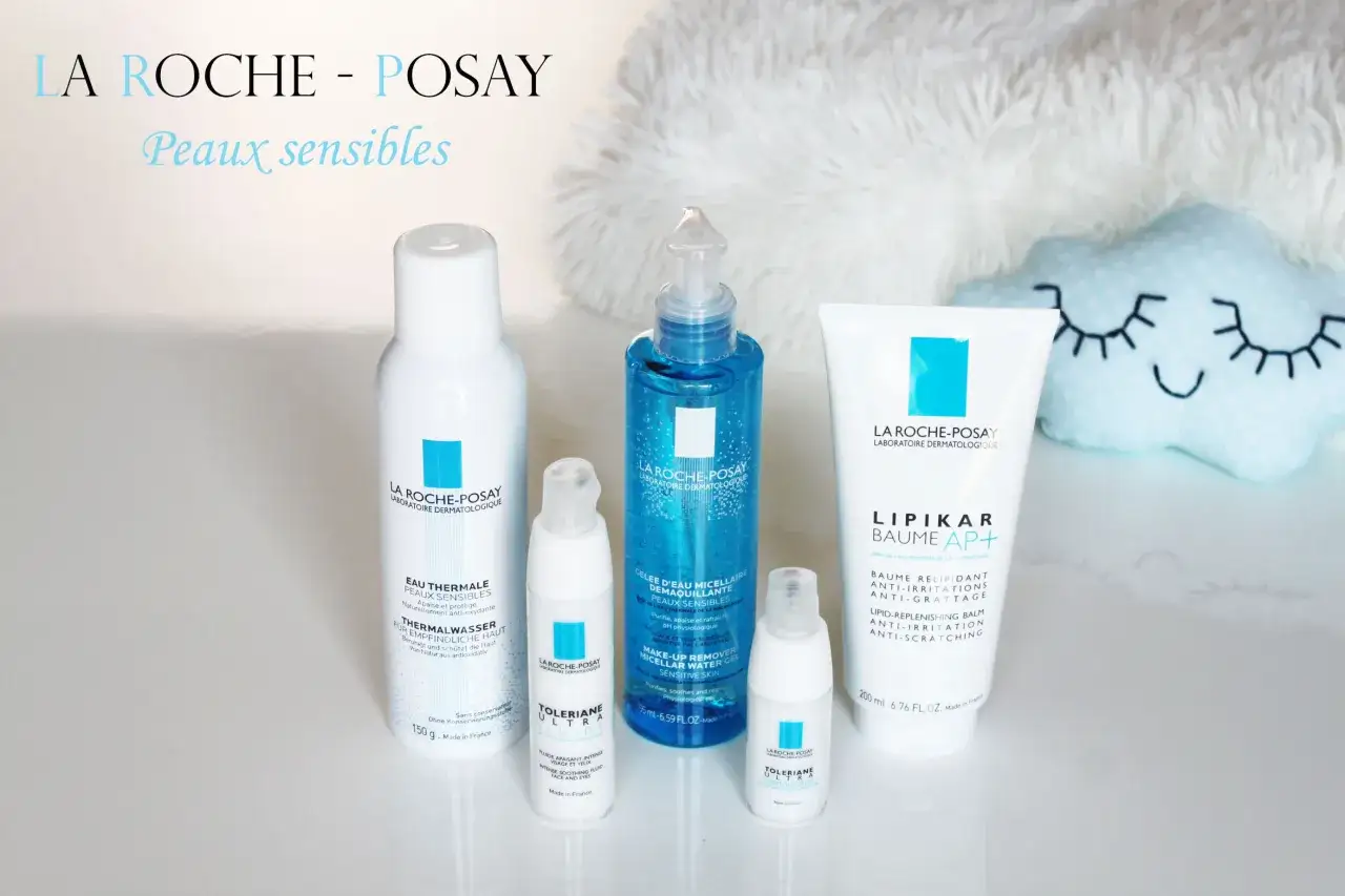 Routine de soins La Roche-Posay pour avoir une belle peau sensible : eau thermale, gel&eacute;e micellaire, fluide apaisant et baume relipidant.