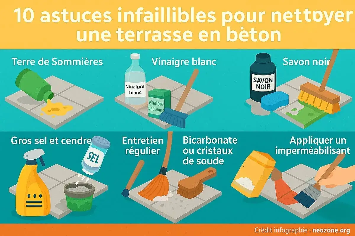 Infographie montrant 10 astuces pour nettoyer dalles terrasse noircies : terre de Sommi&egrave;res, vinaigre blanc, savon noir, gros sel, entretien r&eacute;gulier, bicarbonate, etc.