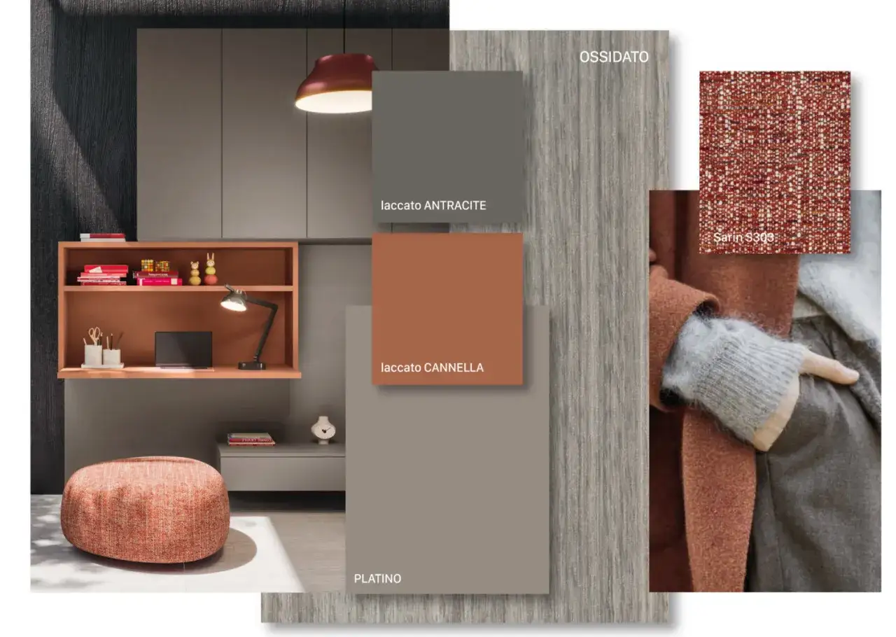 Tonalit&agrave; calde e avvolgenti: un pouf in tessuto color cannella, un cappotto in lana color mattone e campioni di finiture in laccato e ossidato.