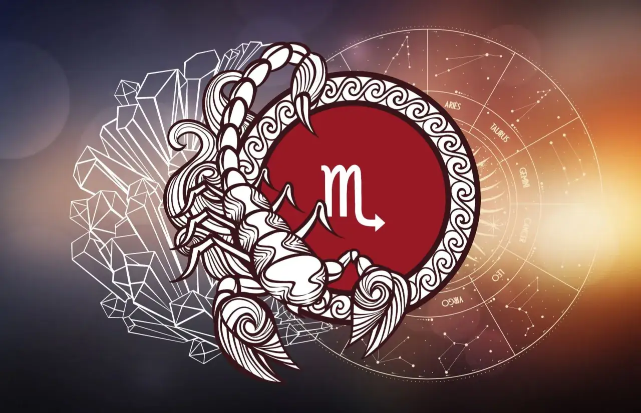 Stylizowany skorpion z symbolem zodiaku i kołem astrologicznym. Taki jest skorpion.