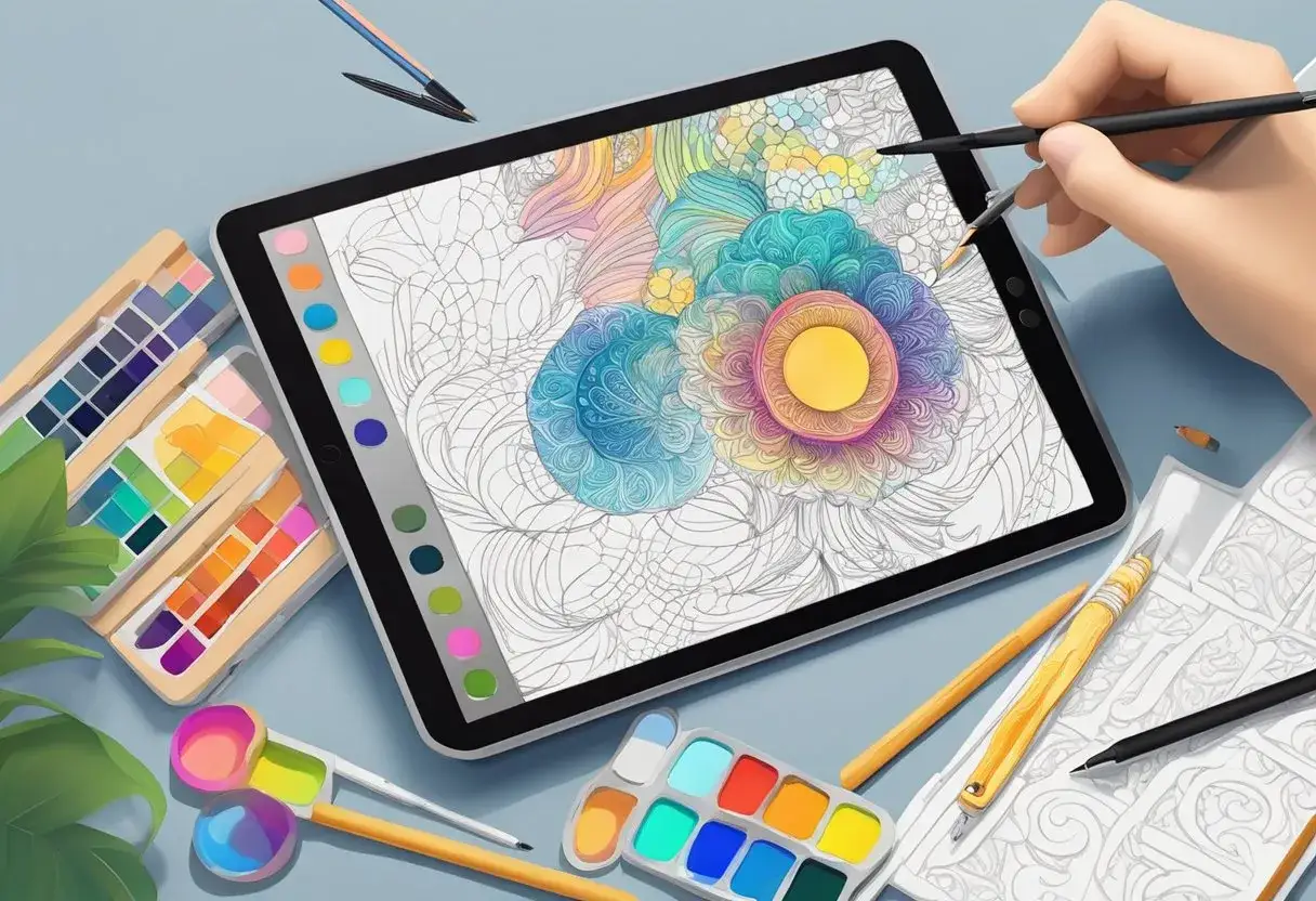 Digitale Kunstwerke entstehen: Buntpaletten, Stifte und ein Tablet laden zum **Design lernen** ein.