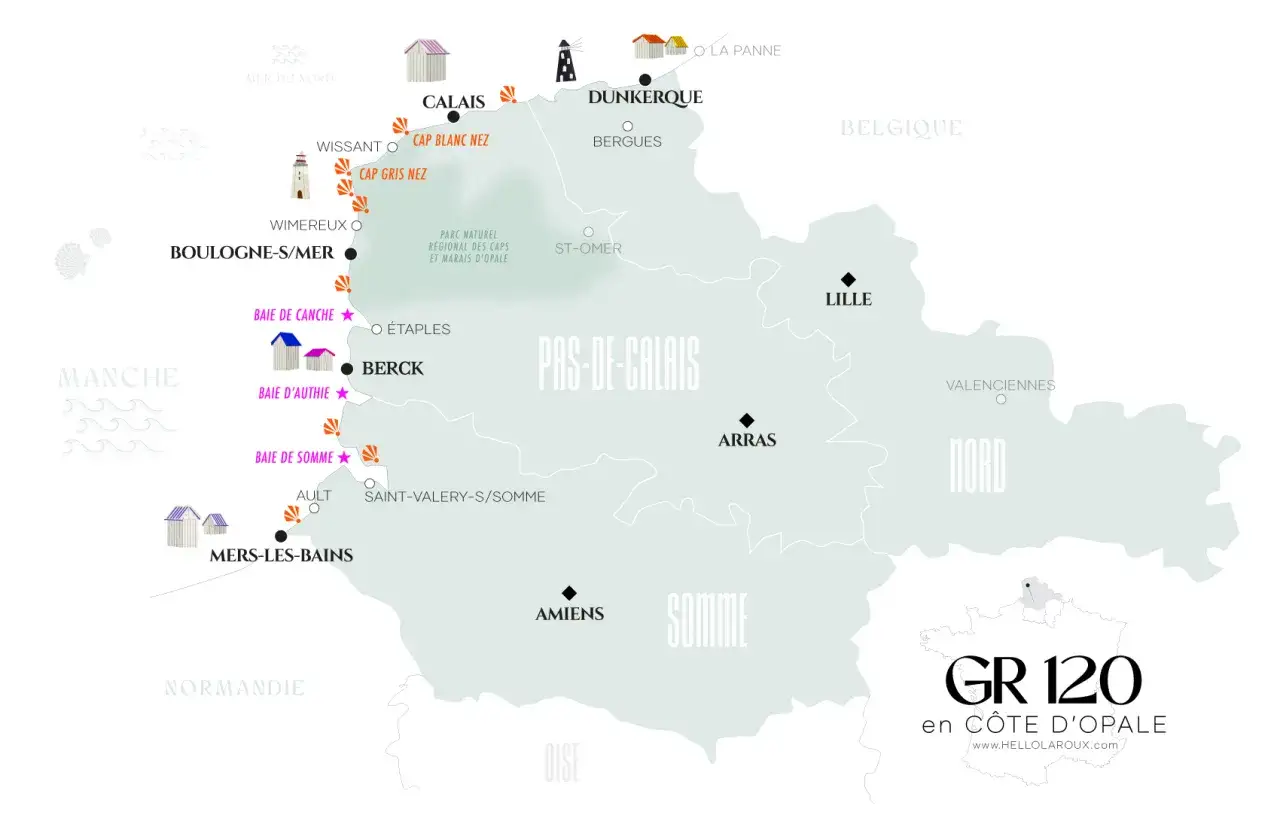 Carte du GR 120 en Côte d'Opale, Hauts-de-France. Points d'intérêt : Calais, Dunkerque, Boulogne-sur-Mer, Baie de Somme, Lille.