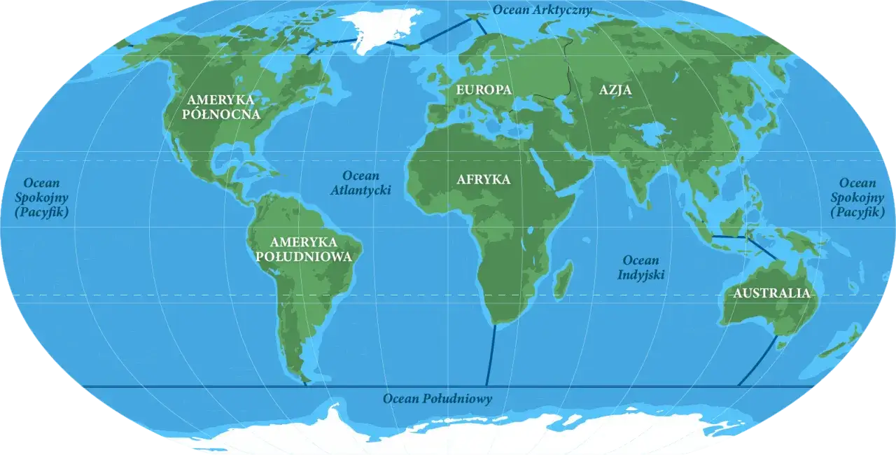 Mapa świata z zaznaczonymi kontynentami i oceanami. Wygląda jakby ktoś planował podróż dookoła świata, czyli korona ziemi.