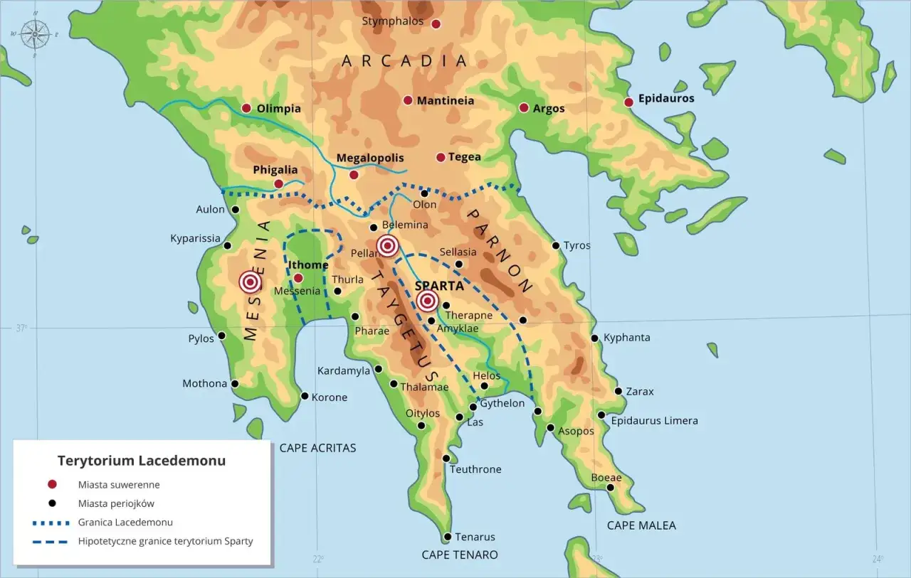 Mapa Peloponezu z zaznaczonymi miastami i granicami, w tym Spartą – ojczyzną Leonidasa.