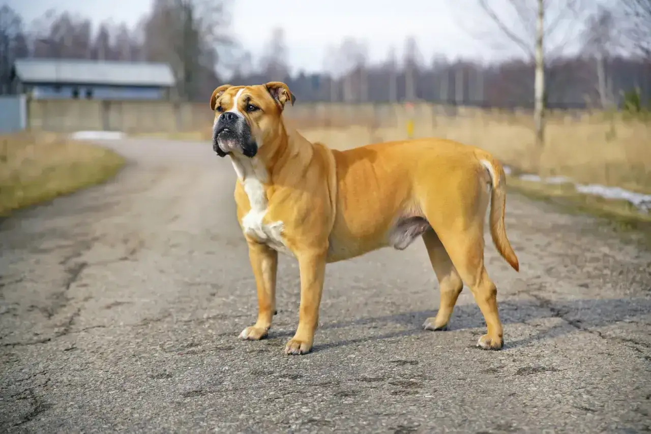 Ein kr&auml;ftiger Ca de Bou mit bernsteinfarbenem Fell steht auf einer Stra&szlig;e. Sein Charakter strahlt St&auml;rke und Loyalit&auml;t aus.