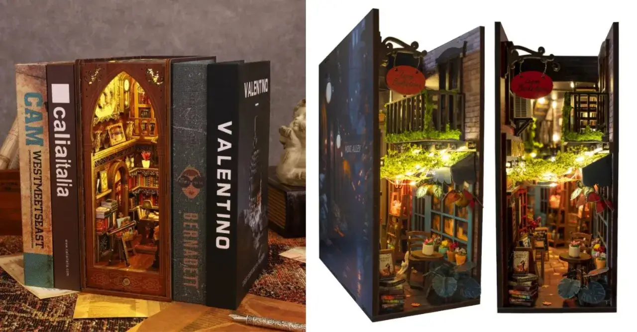 Un book nook cos'&egrave;? Un mondo in miniatura tra i libri: una libreria segreta e un vicolo illuminato.