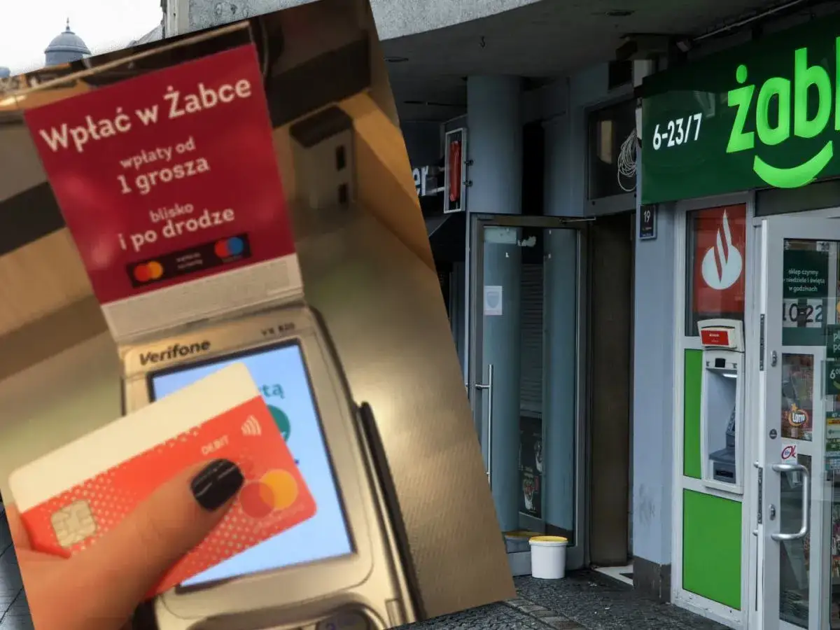 W Żabce można wpłacić pieniądze od 1 grosza. Karta zbliżeniowa zbliża się do terminala płatniczego.