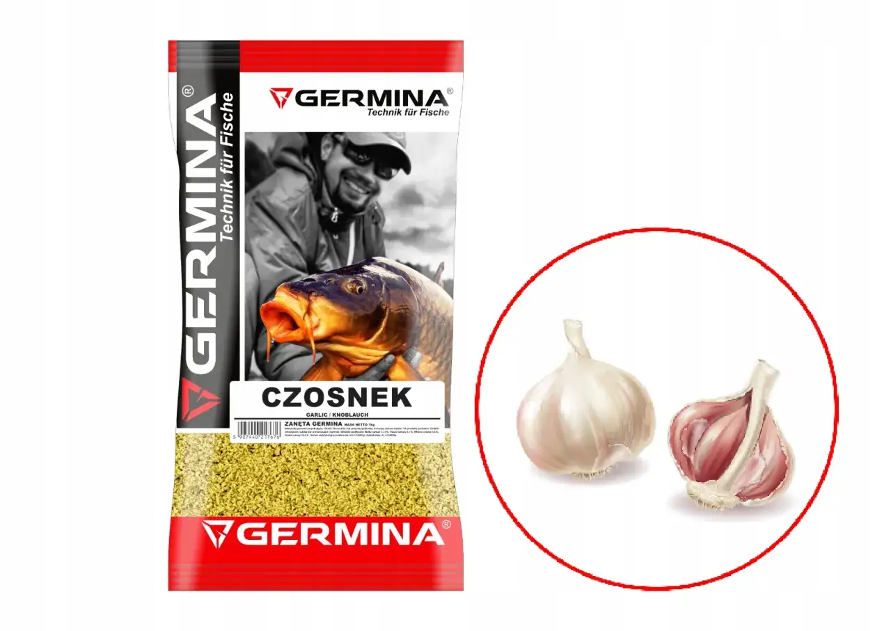 Zanęta Germina Czosnek na karpie i inne ryby. Wizerunek karpia i czosnku.