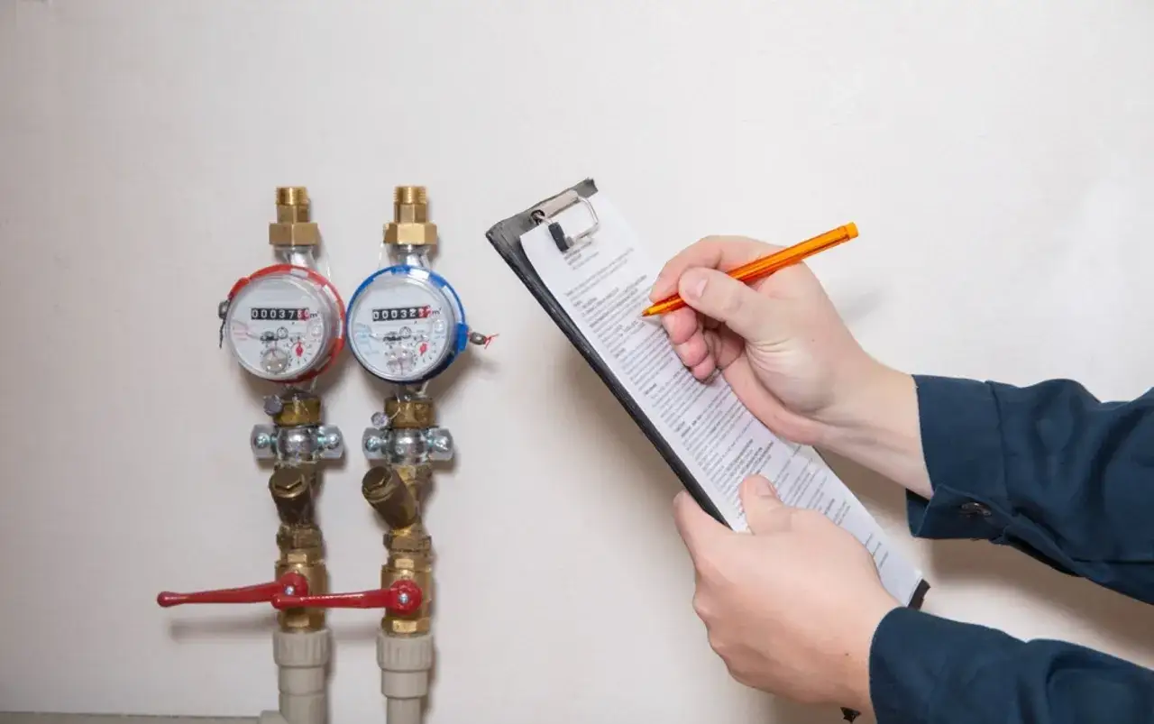 T&eacute;cnico anota datos en una libreta para dar de alta el agua por primera vez. Dos contadores de agua y llaves rojas visibles.