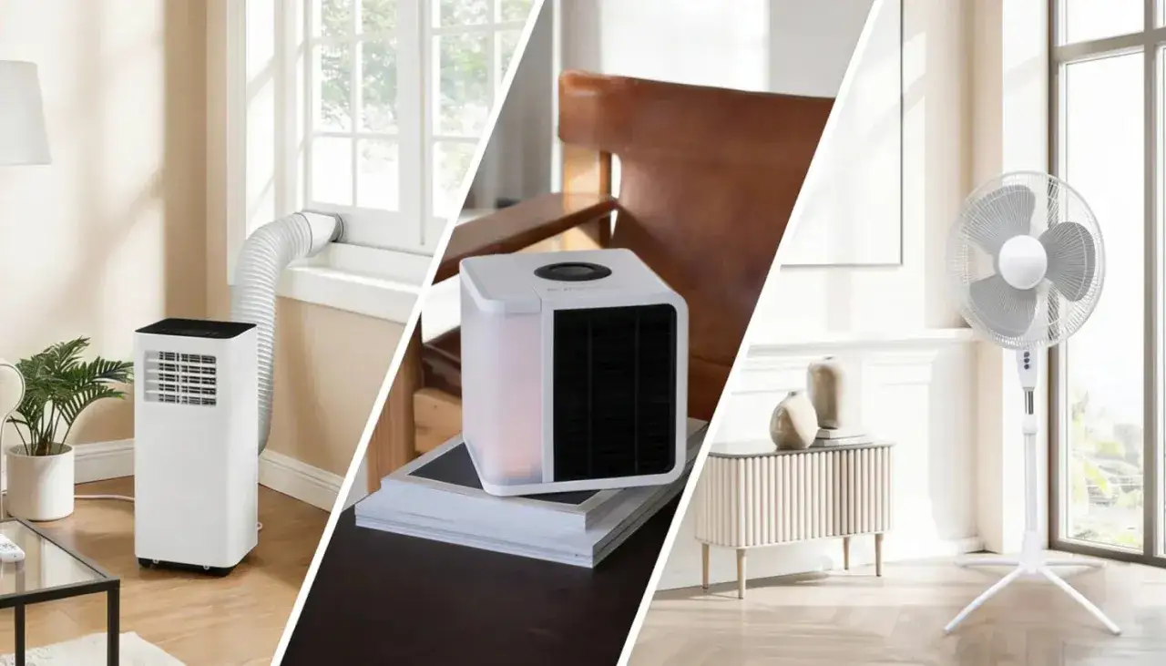 Soluciones para llevar aire acondicionado a otra habitación: portátil junto a ventana, mini enfriador de escritorio y ventilador de pie.