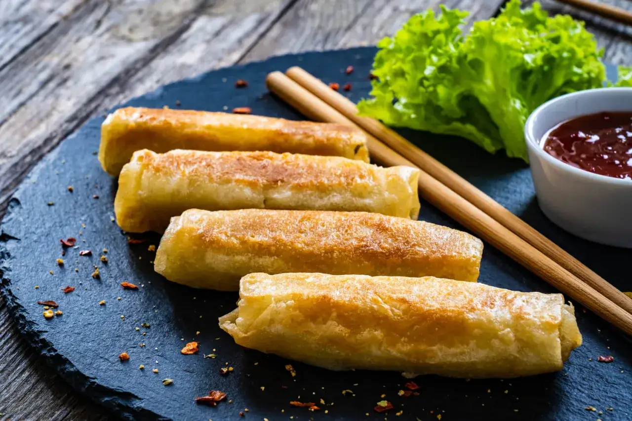 Nems au poulet dorés et croustillants, servis avec une sauce rouge et une salade verte. Parfait pour une recette facile.