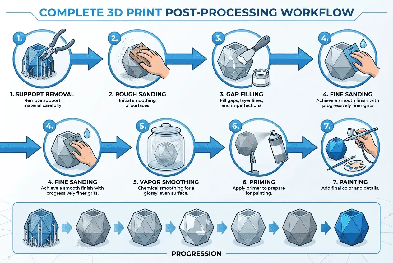Workflow for how to paint 3D prints: support removal, sanding, gap filling, vapor smoothing, priming, and painting.