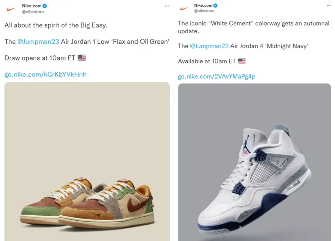 Zwei Air Jordan Sneaker: links die 'Flax and Oil Green' Lows, rechts die 'Midnight Navy' 4er. Ein Raffle f&uuml;r beide, die Verlosung startet um 10 Uhr ET.
