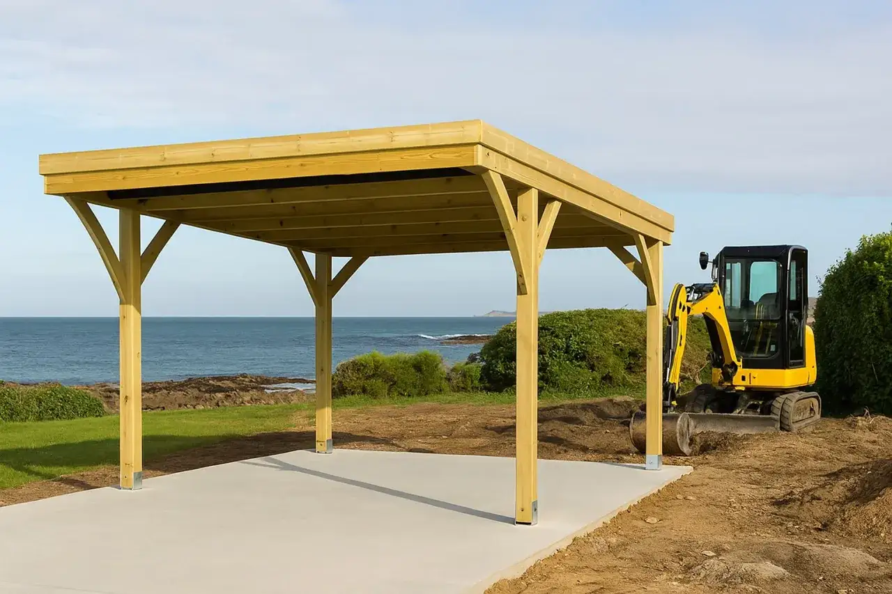 Un carport en bois est en construction, une mini-pelle jaune est garée à côté. L'idée de fermer un carport sans autorisation est loin d'être une bonne idée.
