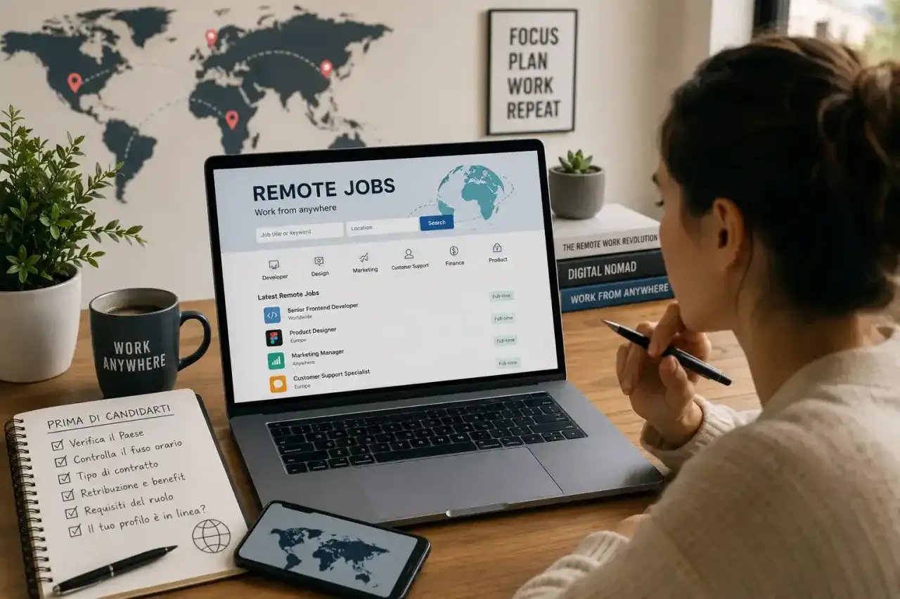 Donna cerca come trovare lavoro da remoto su un sito web. Sullo schermo, una lista di offerte di lavoro con la dicitura 