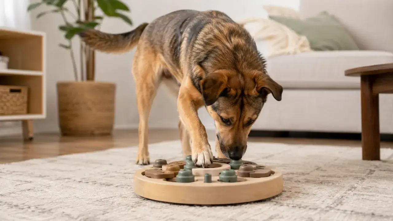 Ein Hund beschäftigt sich mit einem Intelligenzspielzeug. Dieses Hunde Kopftraining fördert die geistige Auslastung und den Spaß.