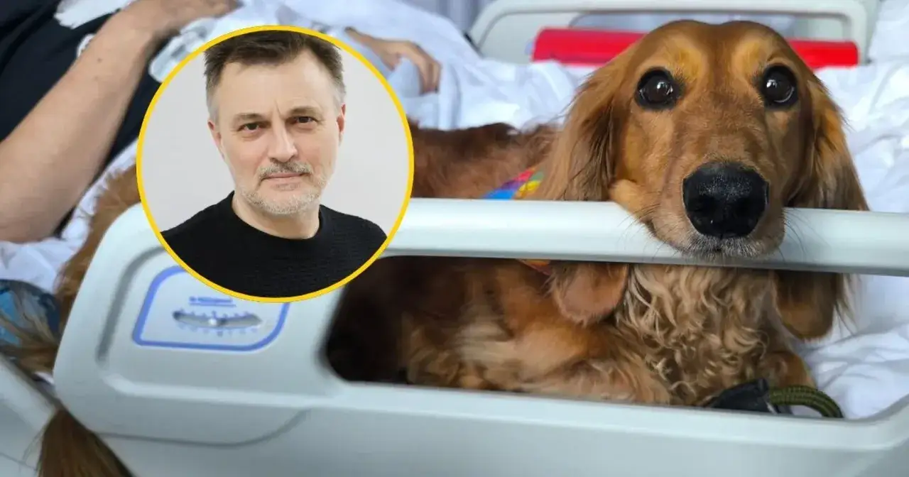 Smutny jamnik leży na łóżku szpitalnym, z głową opartą o barierkę. Obok jego pyszczka widać twarz mężczyzny.