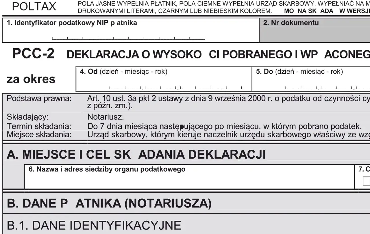 Deklaracja PCC-2 dotycząca podatku od czynności cywilnoprawnych, wypełniana przez notariusza.