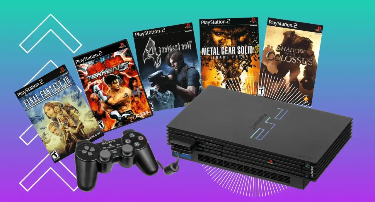 Console PlayStation 2 con controller e copertine di giochi iconici come Final Fantasy XII, Tekken 5, Resident Evil 4, Metal Gear Solid 3 e Shadow of the Colossus, un tuffo nei **giochi PS2 su PS4**.