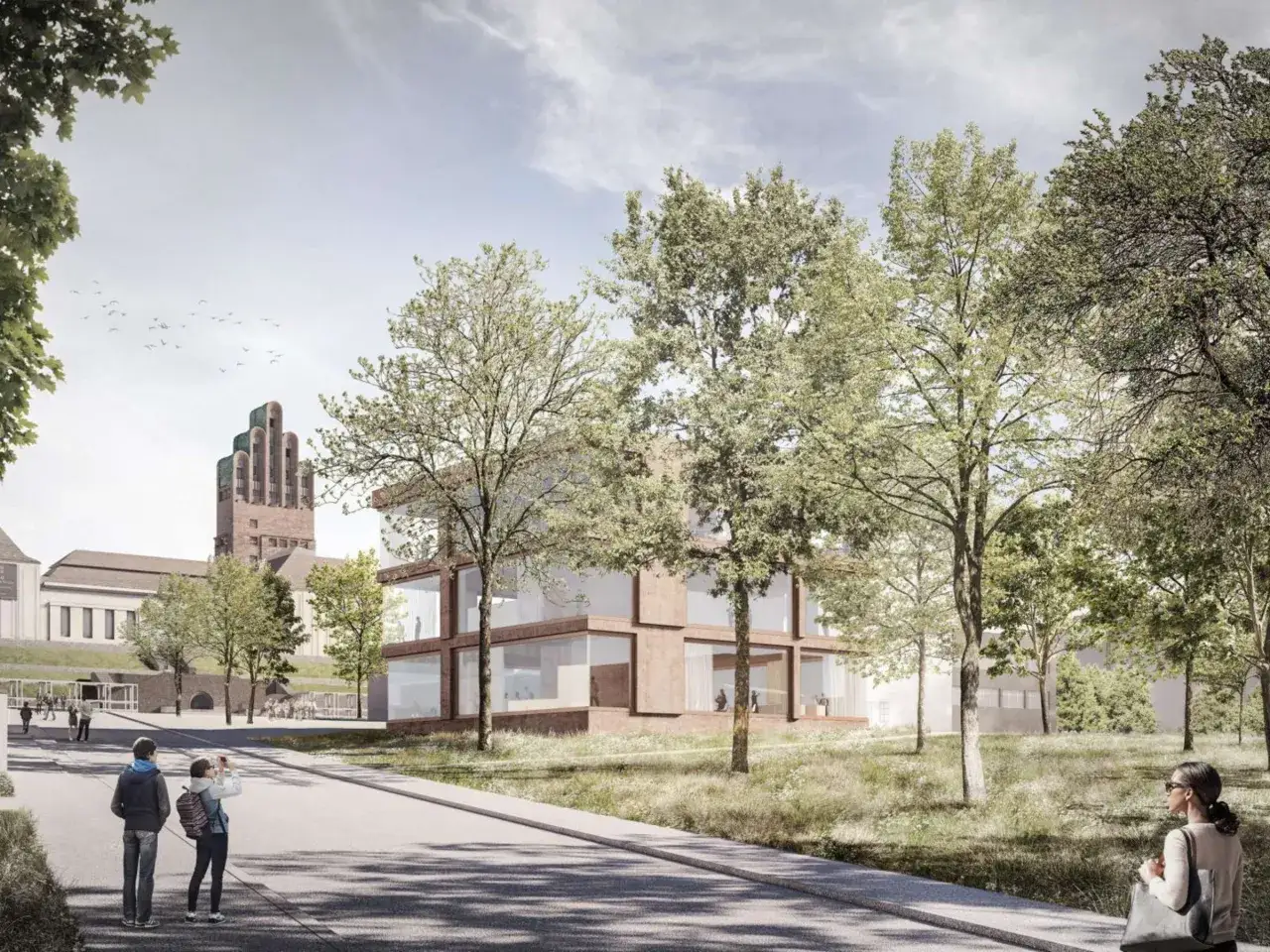 Moderne Architektur mit viel Glas und Holz, umgeben von B&auml;umen, symbolisiert die Vision einer Darmstadt Smart City.