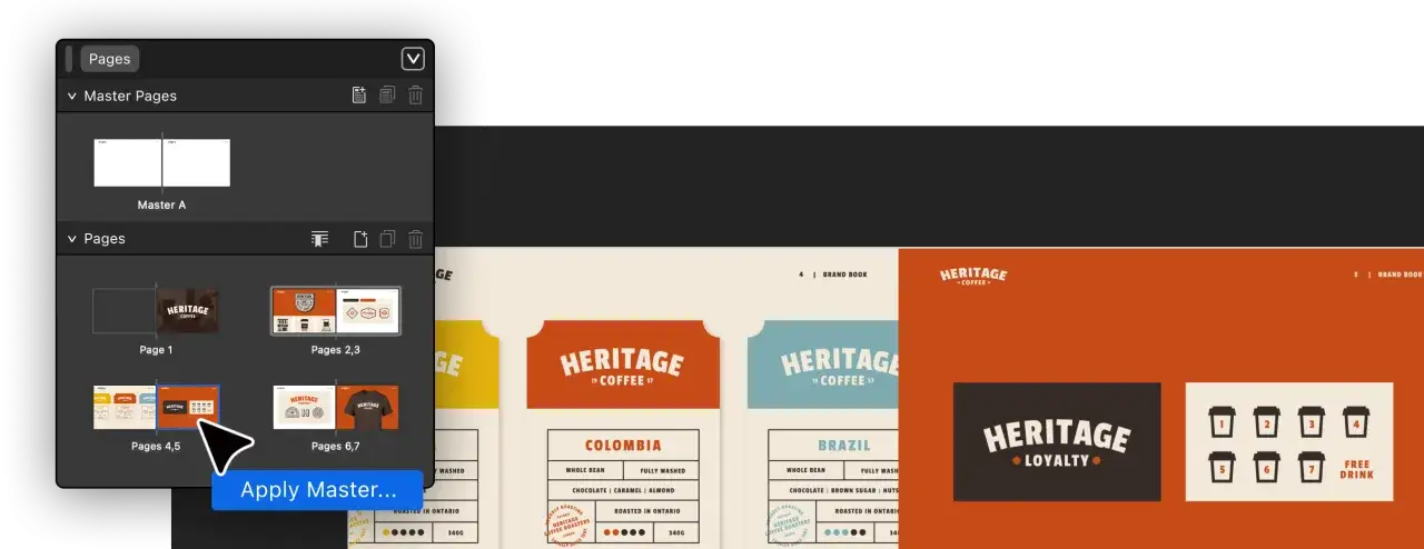 Affinity Publisher visar sidpanelen med sidval och mallar. En muspekare pekar p&aring; 