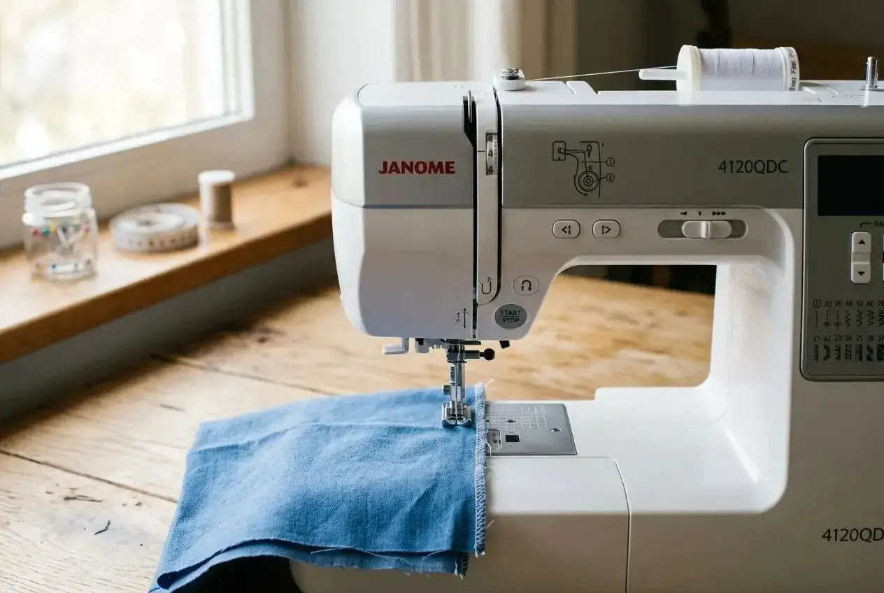 Machine à coudre Janome en action, prête à coudre ses vêtements. Un tissu bleu est sous le pied presseur.