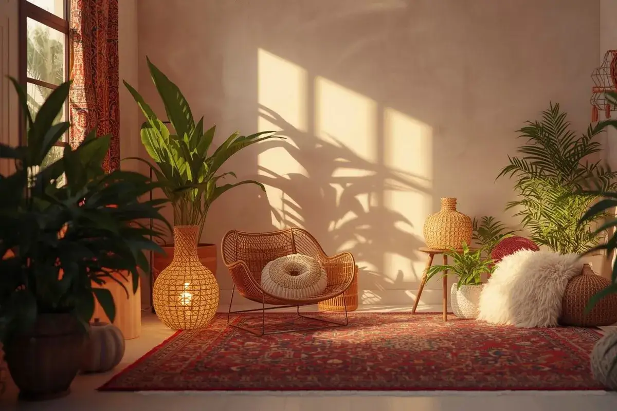 Un rincón acogedor con plantas, una silla de mimbre y una alfombra roja. Los colores que dan luz y amplitud se combinan con la luz natural que entra por la ventana.