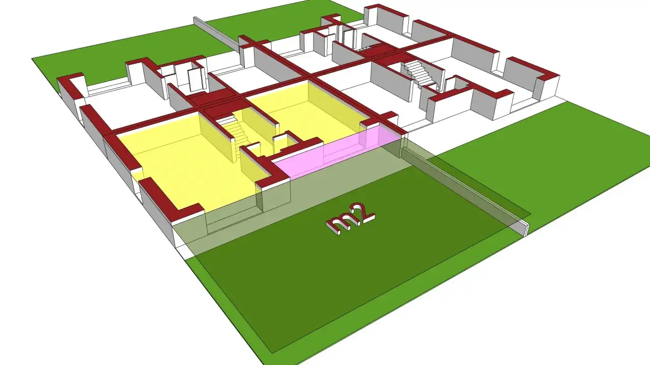 Progetto di slp edilizia: rendering 3D di una casa con giardino, evidenziate aree interne e metratura.