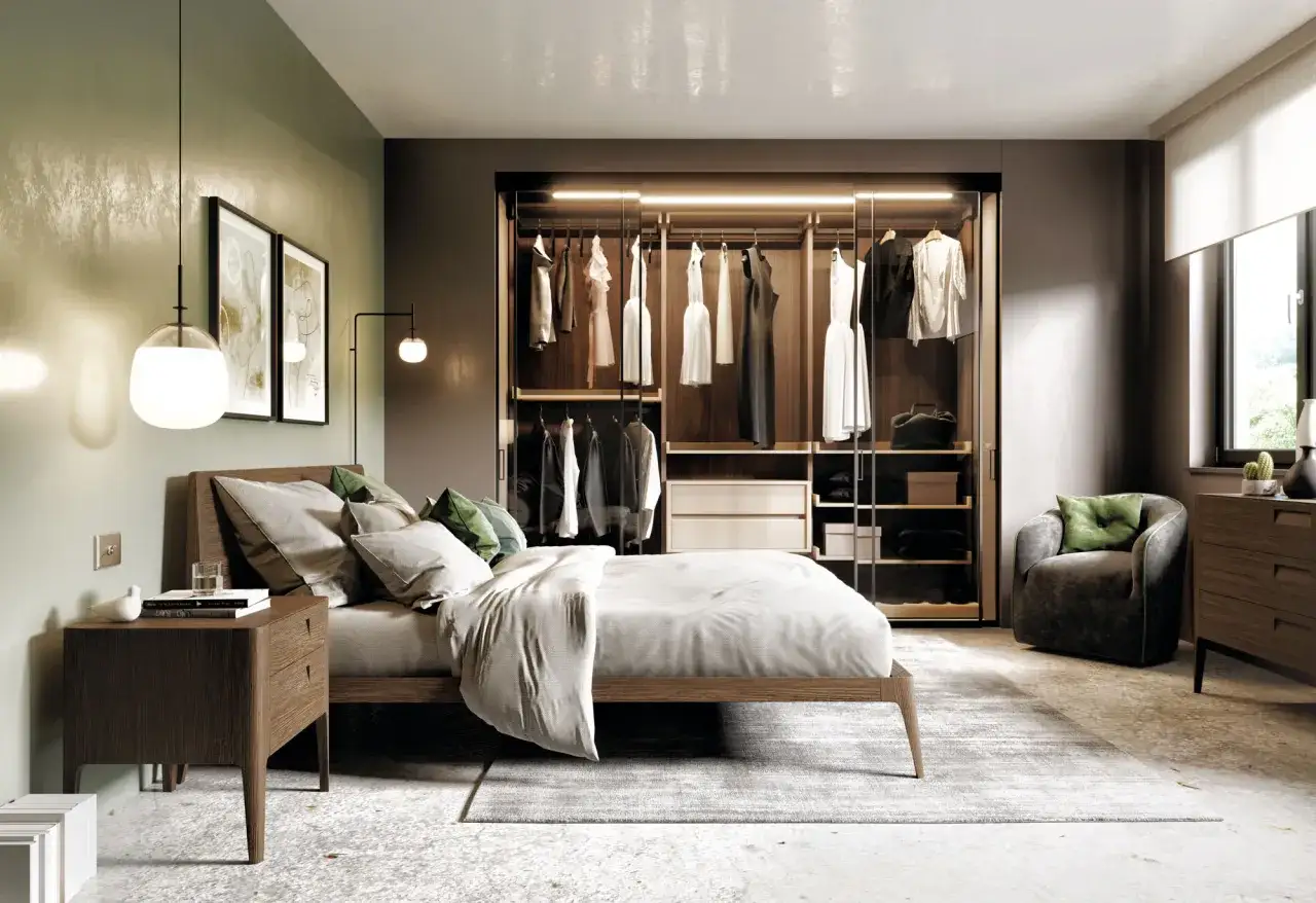 Camera da letto moderna con cabina armadio a vista, un letto accogliente e un'elegante poltrona. Ottime idee cabina armadio per un look sofisticato.