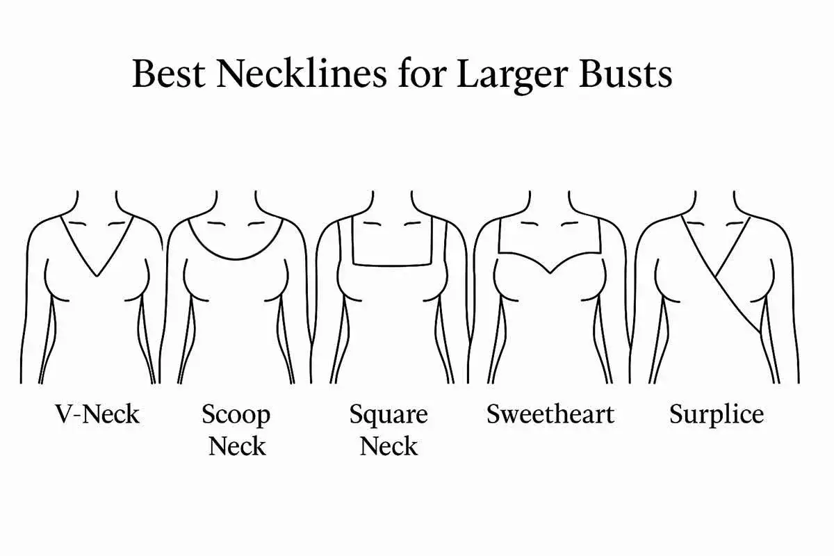 Cinq silhouettes de buste femme avec diff&eacute;rentes encolures : V, rond, carr&eacute;, c&oelig;ur et portefeuille.