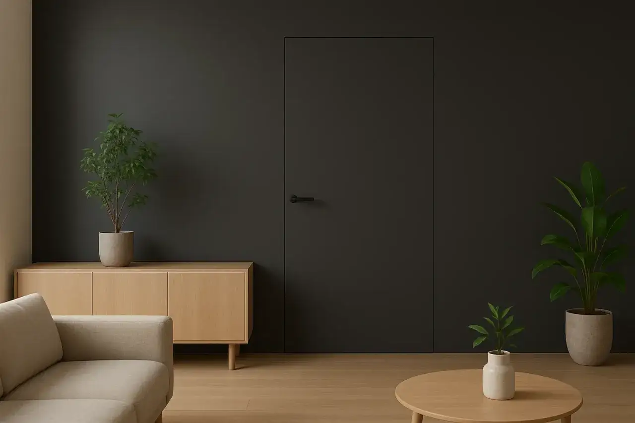 Minimalistyczny salon z ciemną ścianą, w której dyskretnie wkomponowano drzwi ukryte w ścianie. Jasna komoda i sofa tworzą przytulną atmosferę.