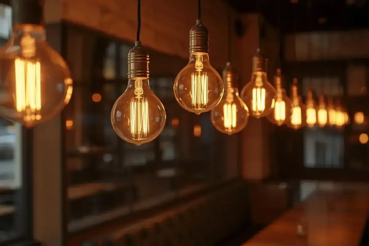 Una hilera de bombillas decorativas Edison cuelgan, emitiendo un cálido resplandor ámbar.