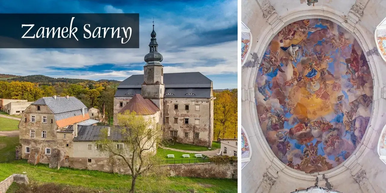 Zamek Sarny, z jego wieżą i malowniczym otoczeniem, oraz barwna freska na sklepieniu kościoła.