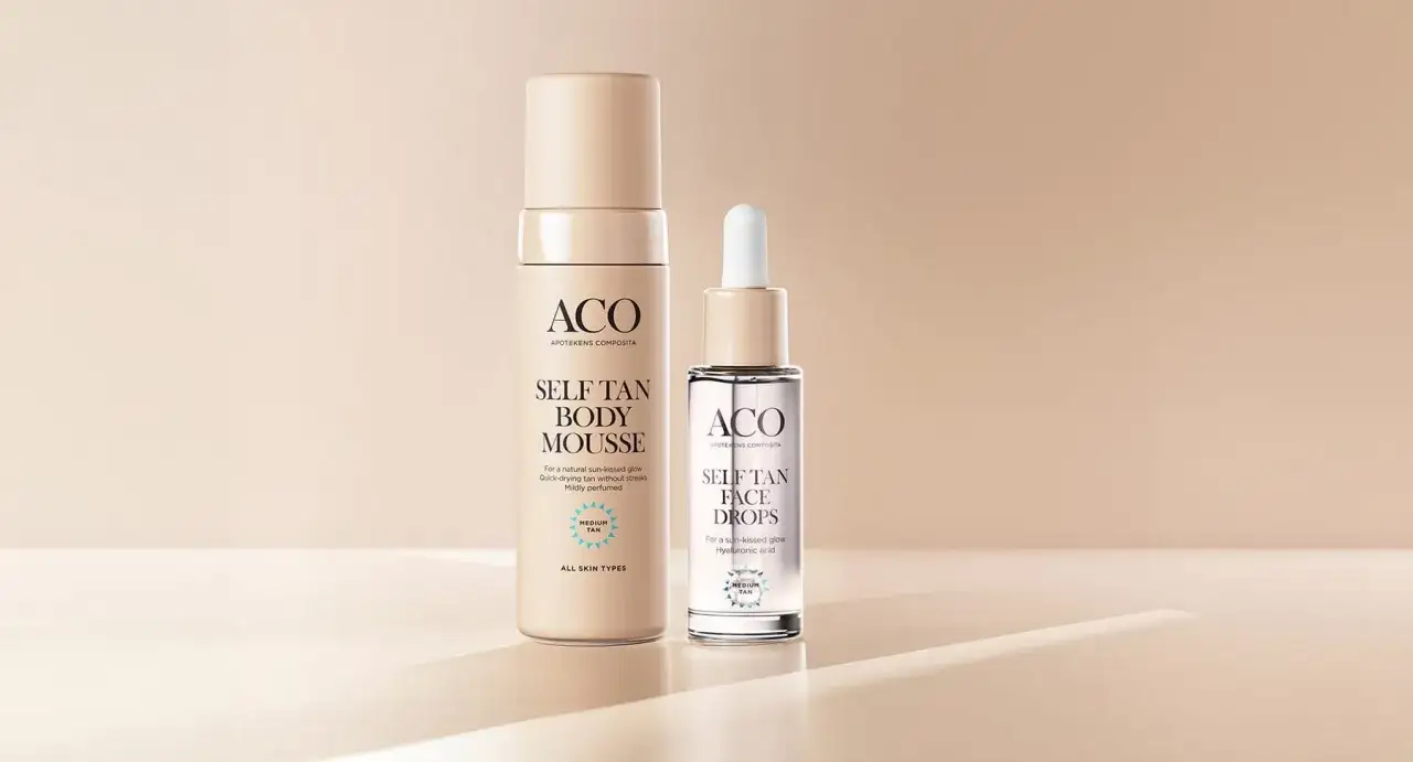 ACO Self Tan Body Mousse och Face Drops. Få en naturlig solkysst glow. Frågar du dig hur får man bort brun utan sol? Dessa produkter ger en jämn färg.