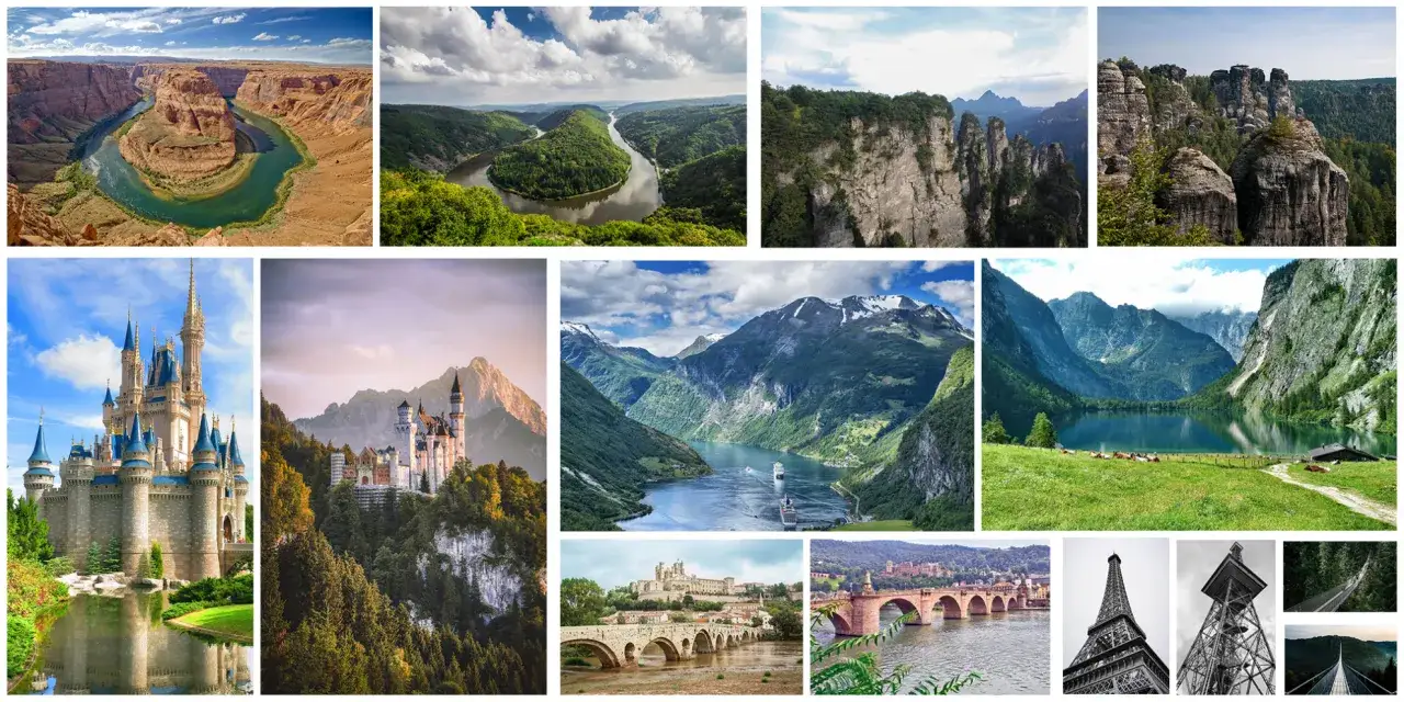 Collage aus verschiedenen deutschen Attraktionen wie Schloss Neuschwanstein, Europa-Park Achterbahn und Wanderweg in der S&auml;chsischen Schweiz